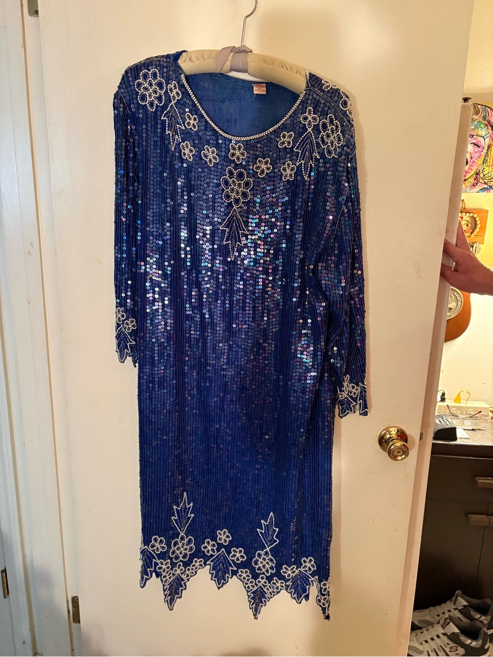 Embellished Royal Blue Long Sleeve Sequin Dress